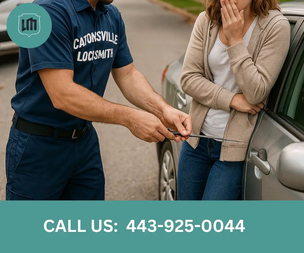 Catonsville locksmith service technician helping with emergency lockout