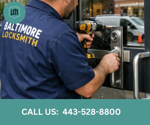 Commercial locksmith in Baltimore City installing business door hardware
