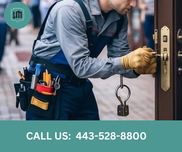 Commercial locksmith in Baltimore City repairing a business door lock